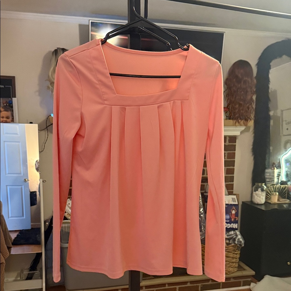 SHEIN Pink Pleated Square Neck Blouse